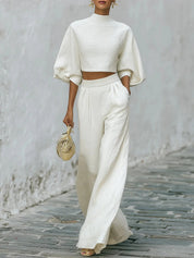 Sylvia Harcourt | White Textured Crop Top & Wide-Leg Pants Set For Women
