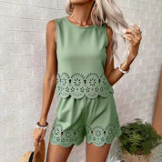 Amelia Rafferty | Eyelet Scallop Crop Tank & Shorts Set For Women — Butter Yellow