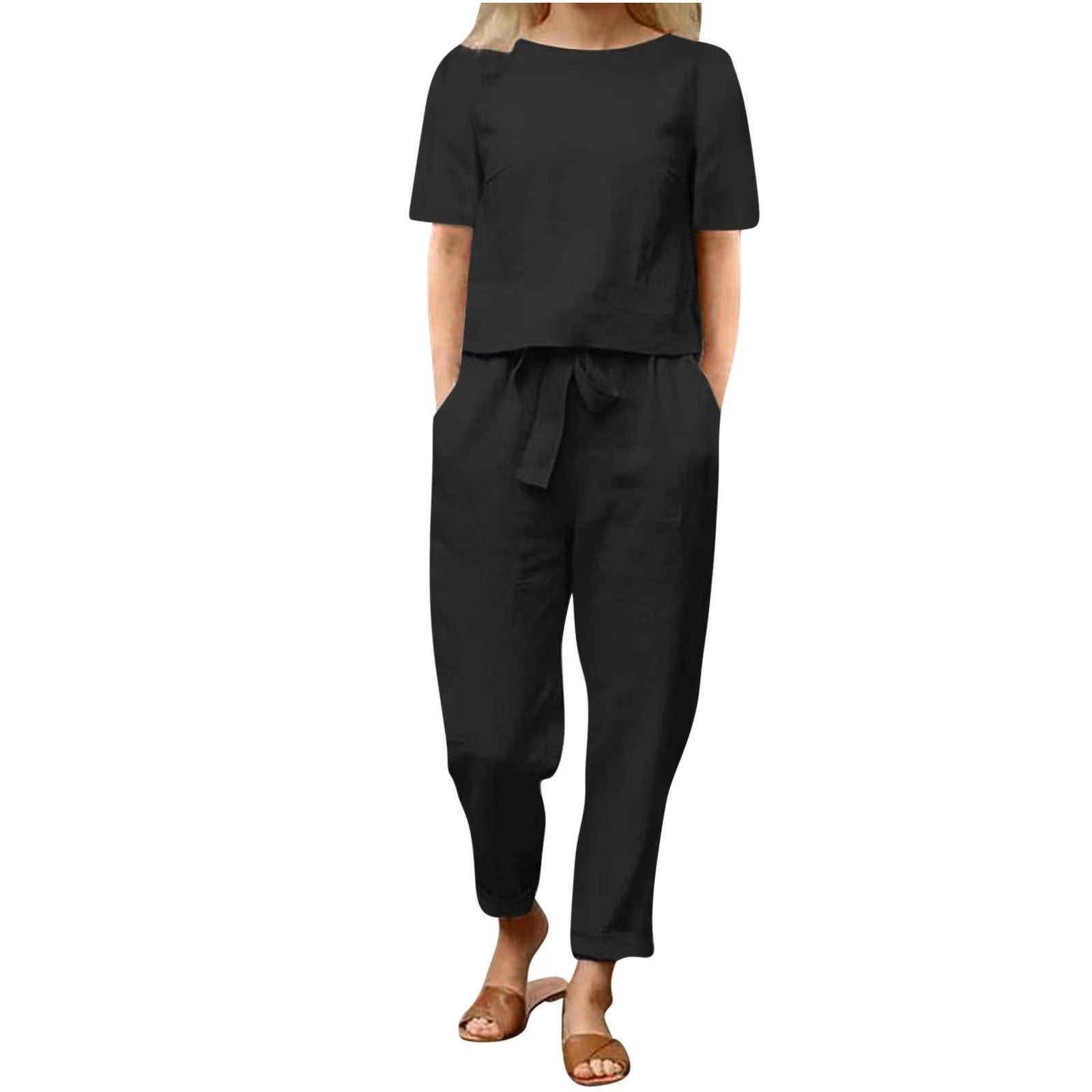 Dora Dalton | Linen-Look Top & Tie-Waist Trousers Set For Women
