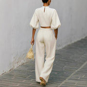 Sylvia Harcourt | White Textured Crop Top & Wide-Leg Pants Set For Women
