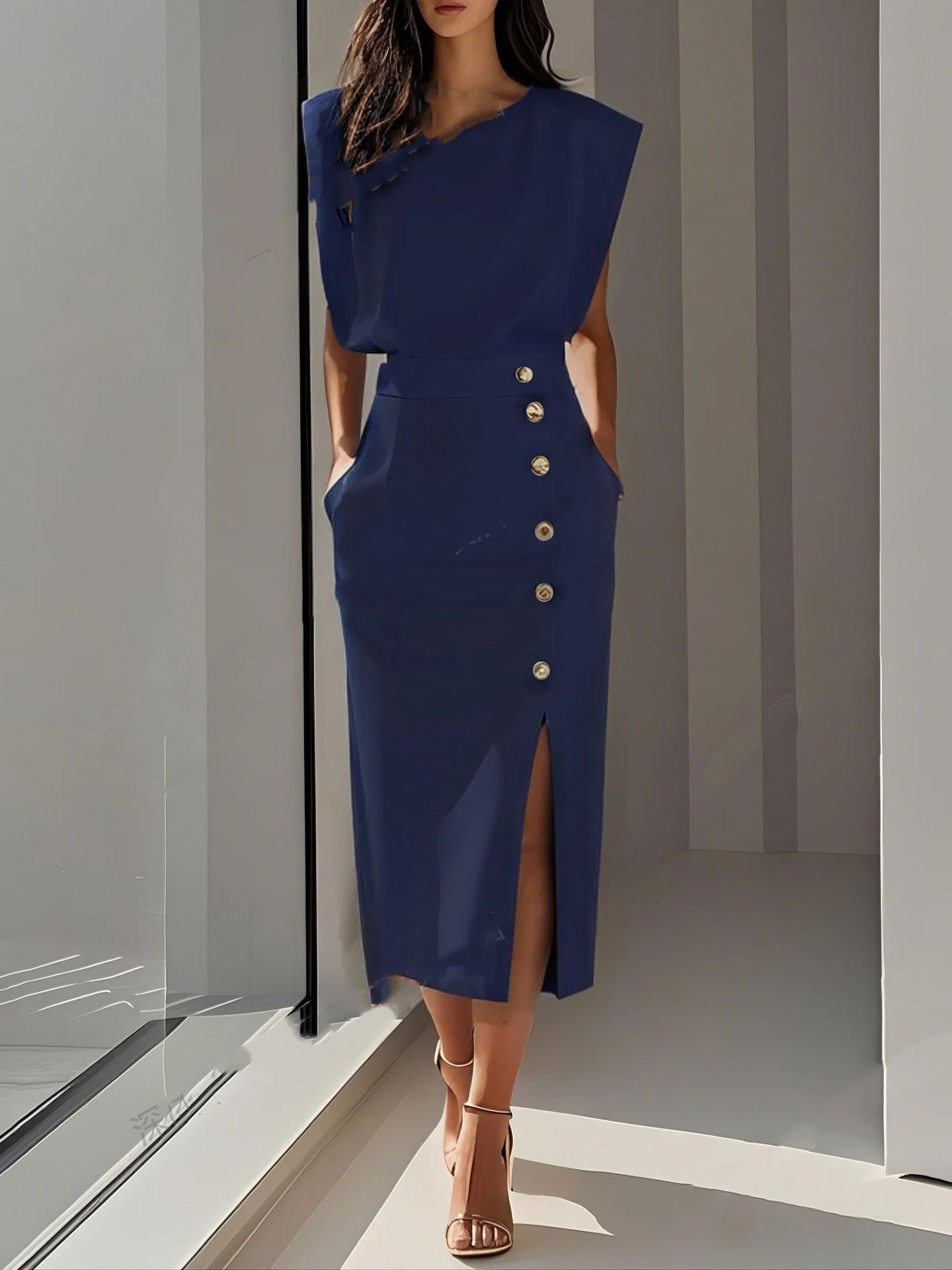 Rita Estton | Button Slit Sleeveless Midi Dress For Women