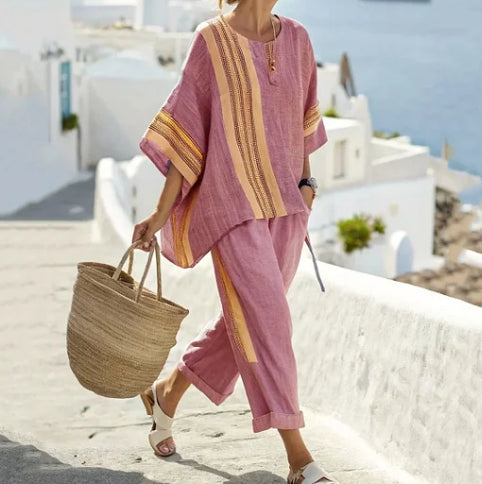 Fiore Hunworth | Linen-Look Striped Top & Trousers Set For Women