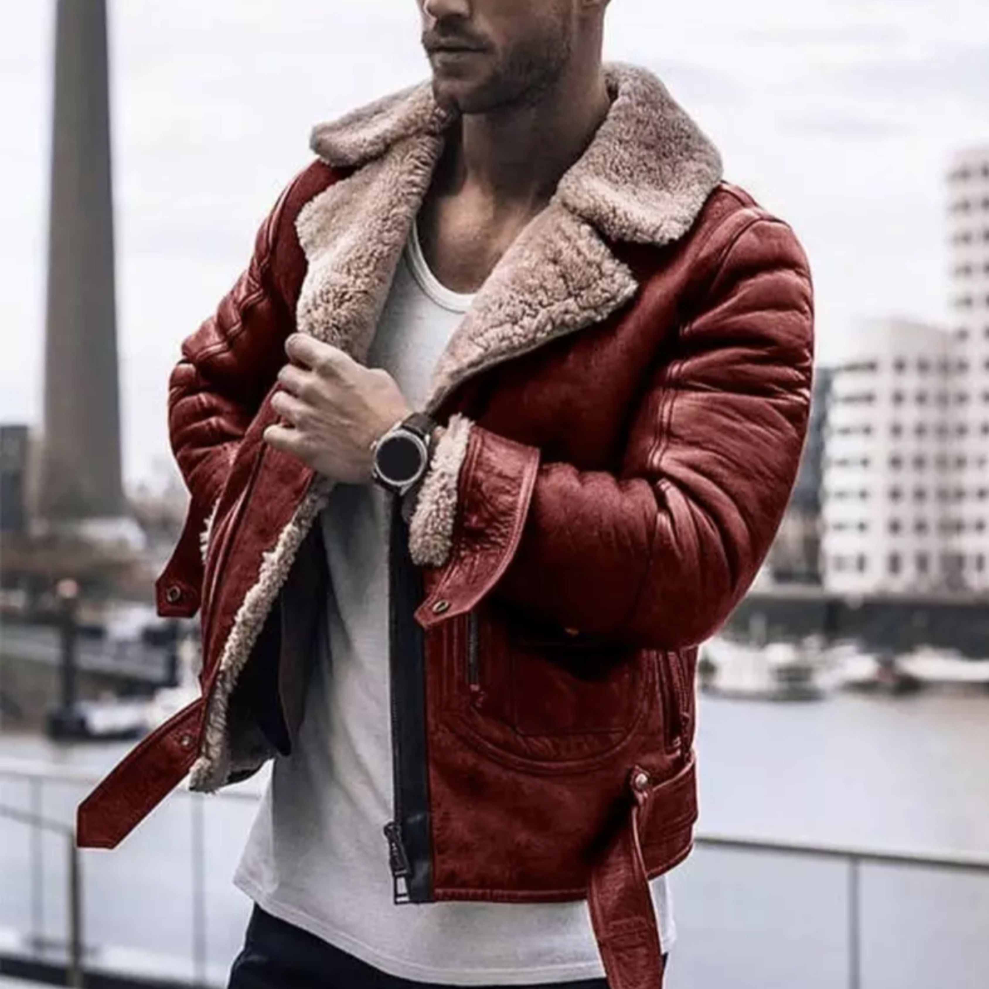 Connor Reid | Sherpa-Lined Leather Biker Jacket For Men