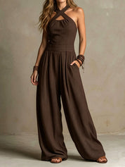 Cecilia Kelcombe | Charcoal Cross Halter Wide-Leg Jumpsuit For Women