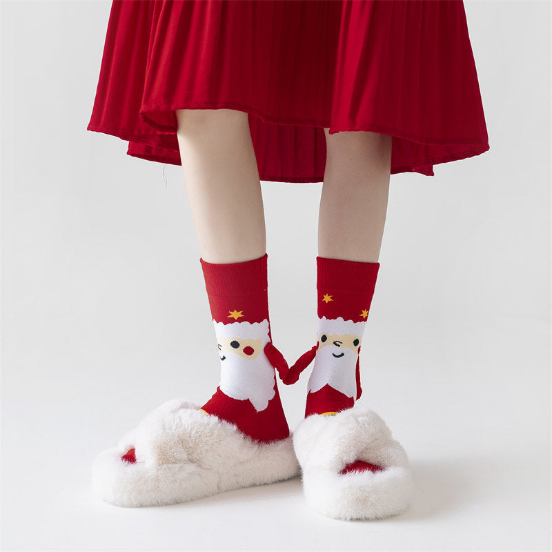 Joy | Red Santa Hand-Holding Christmas Socks Unisex & Couples