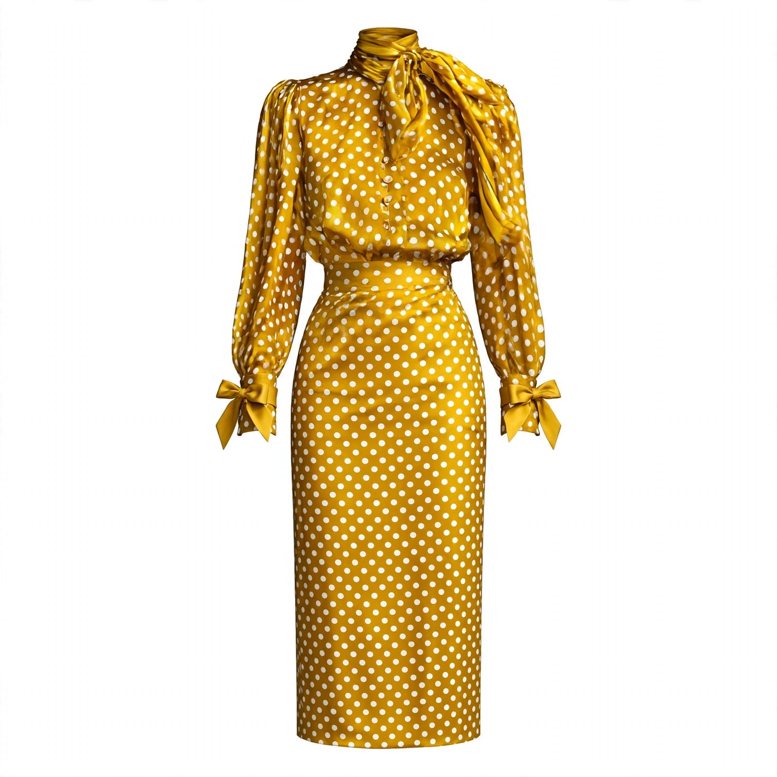 Nina Harlow | Vintage Polka Dot Satin Shirt & Skirt Set For Women