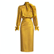 Nina Harlow | Vintage Polka Dot Satin Shirt & Skirt Set For Women