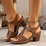 Roberta Levford | T-Strap Cut-Out Block Heel Sandals For Women