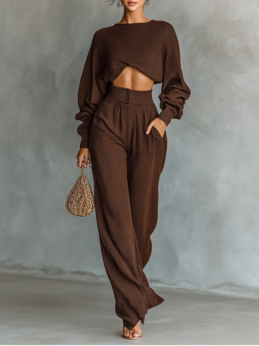 Elise Thackeray | Knitted Crop Top And Wide-Leg Pants Set For Women