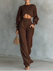 Elise Thackeray | Knitted Crop Top And Wide-Leg Pants Set For Women