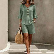 Freya Thornton | Linen Two-Piece Shorts Set with Ruffle Sleeve Detail For Women