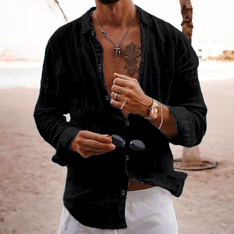 Nicola Saxcroft | Crinkle Linen-Look Long Sleeve Beach Shirt For Men