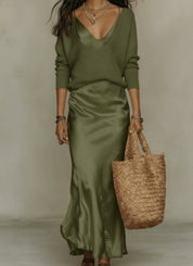 Harper Collins | Satin Maxi Skirt & Knit Sweater Set For Women