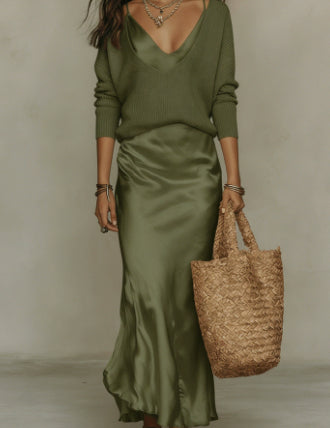 Harper Collins | Satin Maxi Skirt & Knit Sweater Set For Women