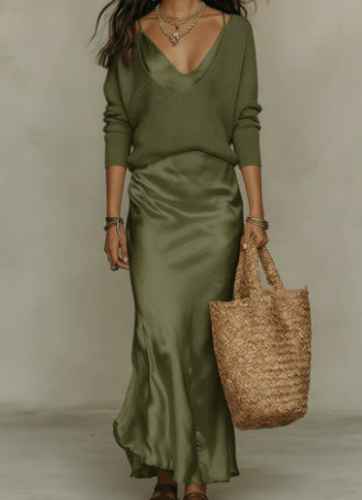 Harper Collins | Satin Maxi Skirt & Knit Sweater Set For Women