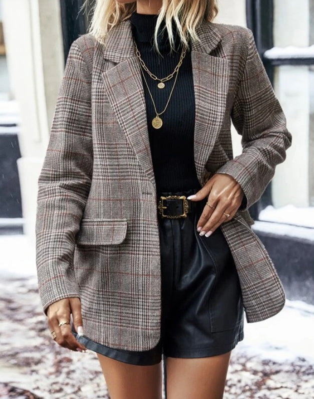 Molly Gordon | Plaid Single-Button Blazer Jacket For Women