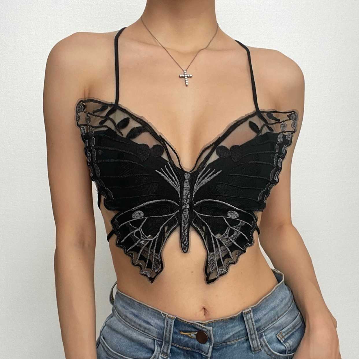 Harper Whitfield | Butterfly Embroidered Halter Crop Top For Women