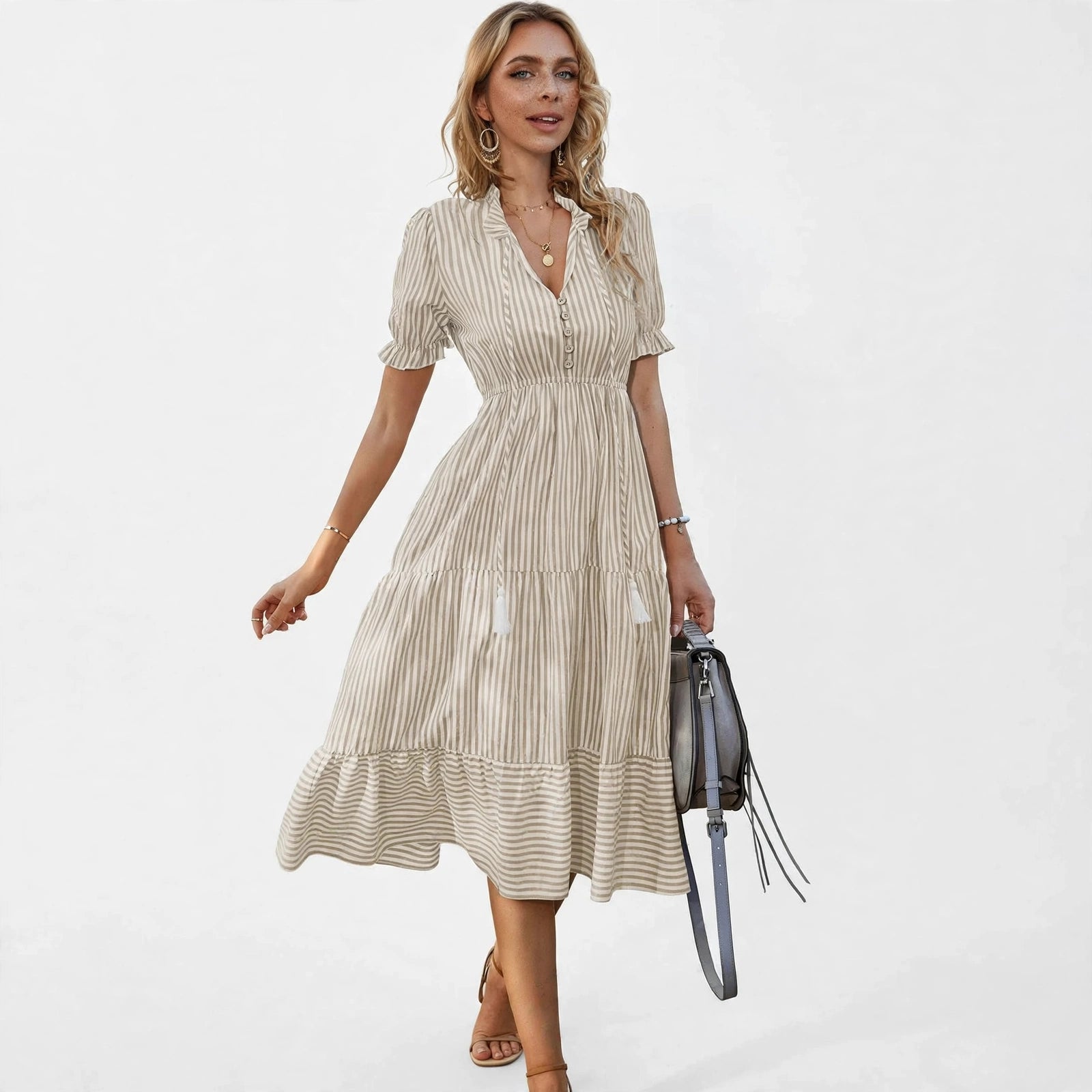 Clara Pennington | Striped V-Neck Summer Dress