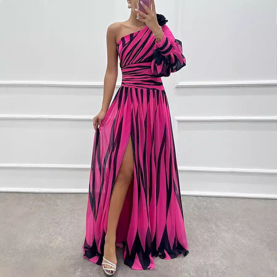 Viviana Aldmere | Striped One-Shoulder Slit Maxi Dress For Women