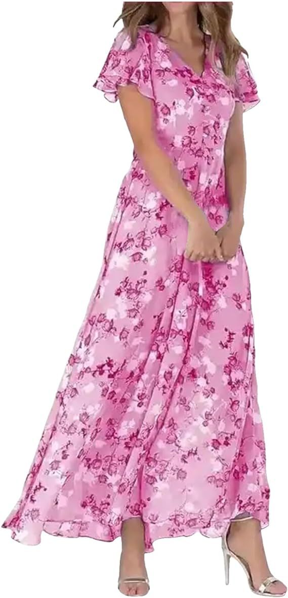 Agata Stanmore | Floral Flutter Sleeve V-Neck Maxi Dress For Women