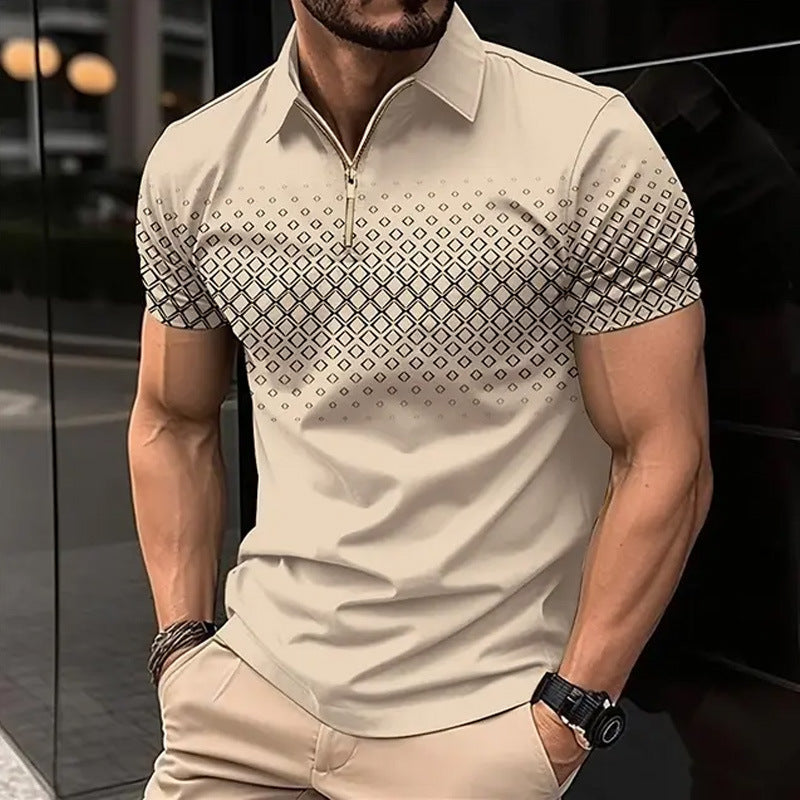 Cosimo Wattleford | Mocha Gradient Check Zip Polo Shirt For Men
