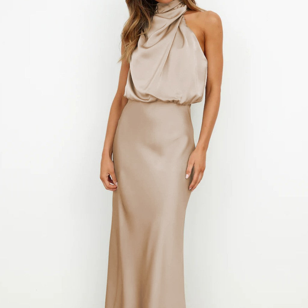 Diletta Ostmore | Draped Halter Neck Satin-Look Maxi Dress For Women