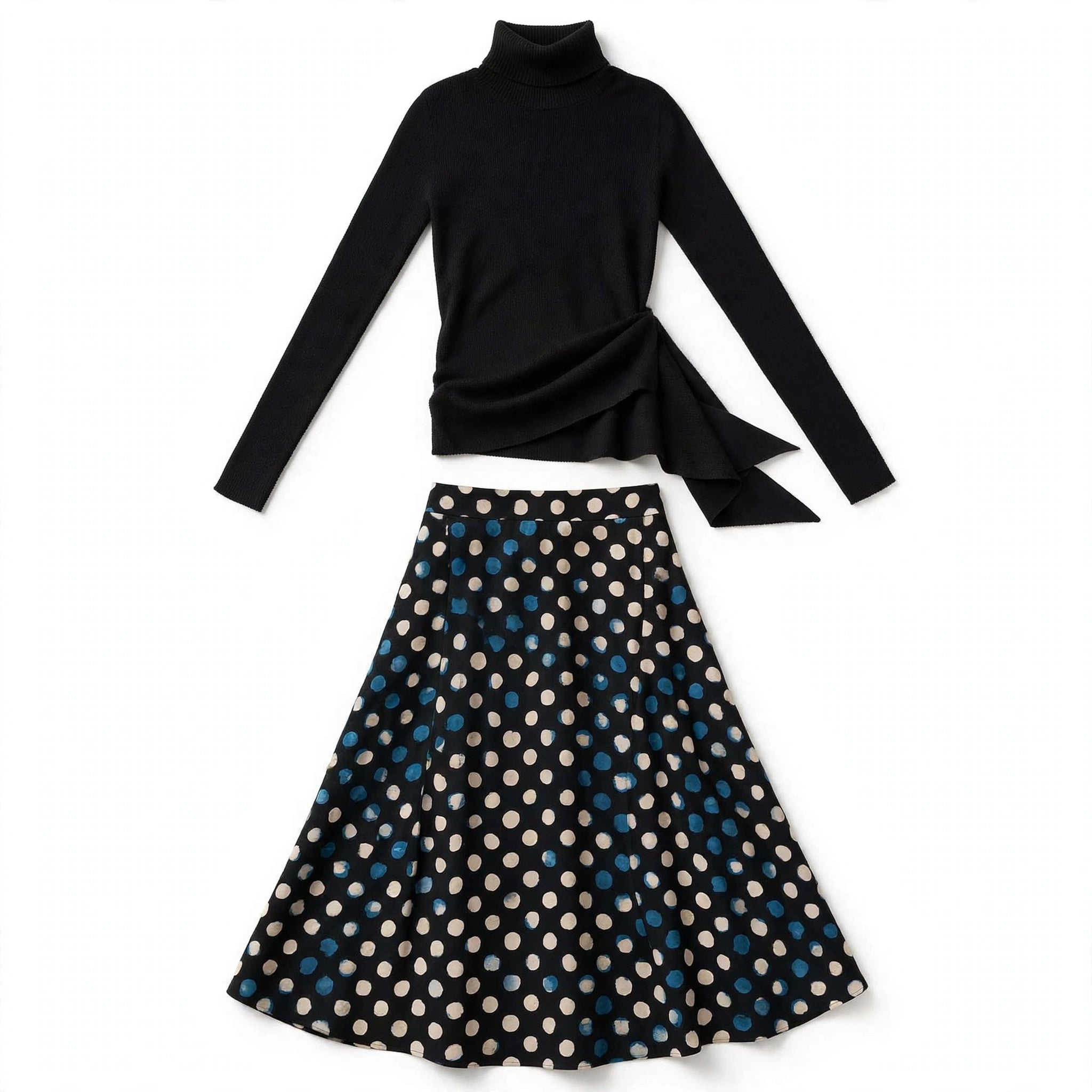 Imogen Fairweather | Turtleneck Knit Top & Polka Dot Skirt Set For Women