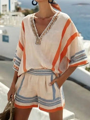 Isla Rafferty | Linen Striped V-Neck Top & Shorts Set For Women