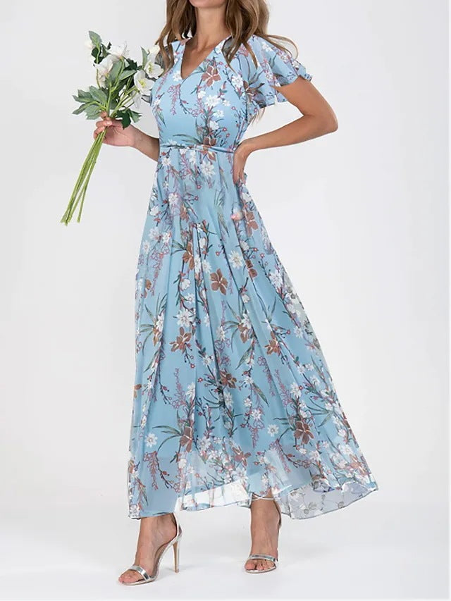 Agata Stanmore | Floral Flutter Sleeve V-Neck Maxi Dress For Women