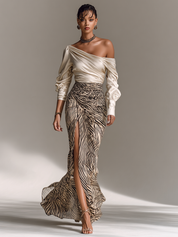 Ava Turner | Satin Off-Shoulder Top With Zebra Print Skirt Set For Women