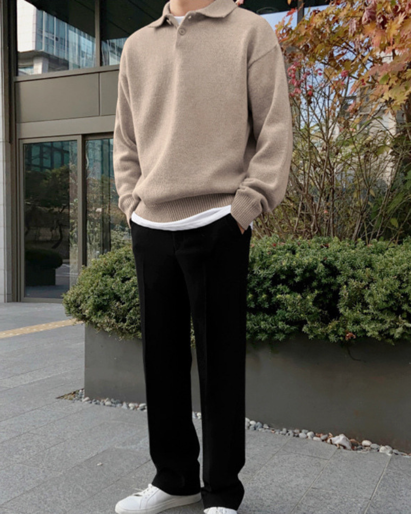Enzo Laurent | Relaxed Knit Polo Sweater with Soft Minimal Elegance For Men
