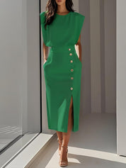 Rita Estton | Button Slit Sleeveless Midi Dress For Women