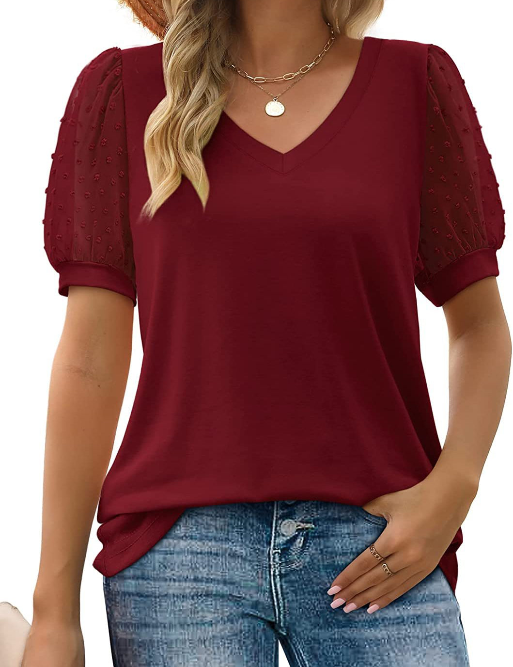 Grace Lawrence | Dot Puff Sleeve V-Neck Top For Women