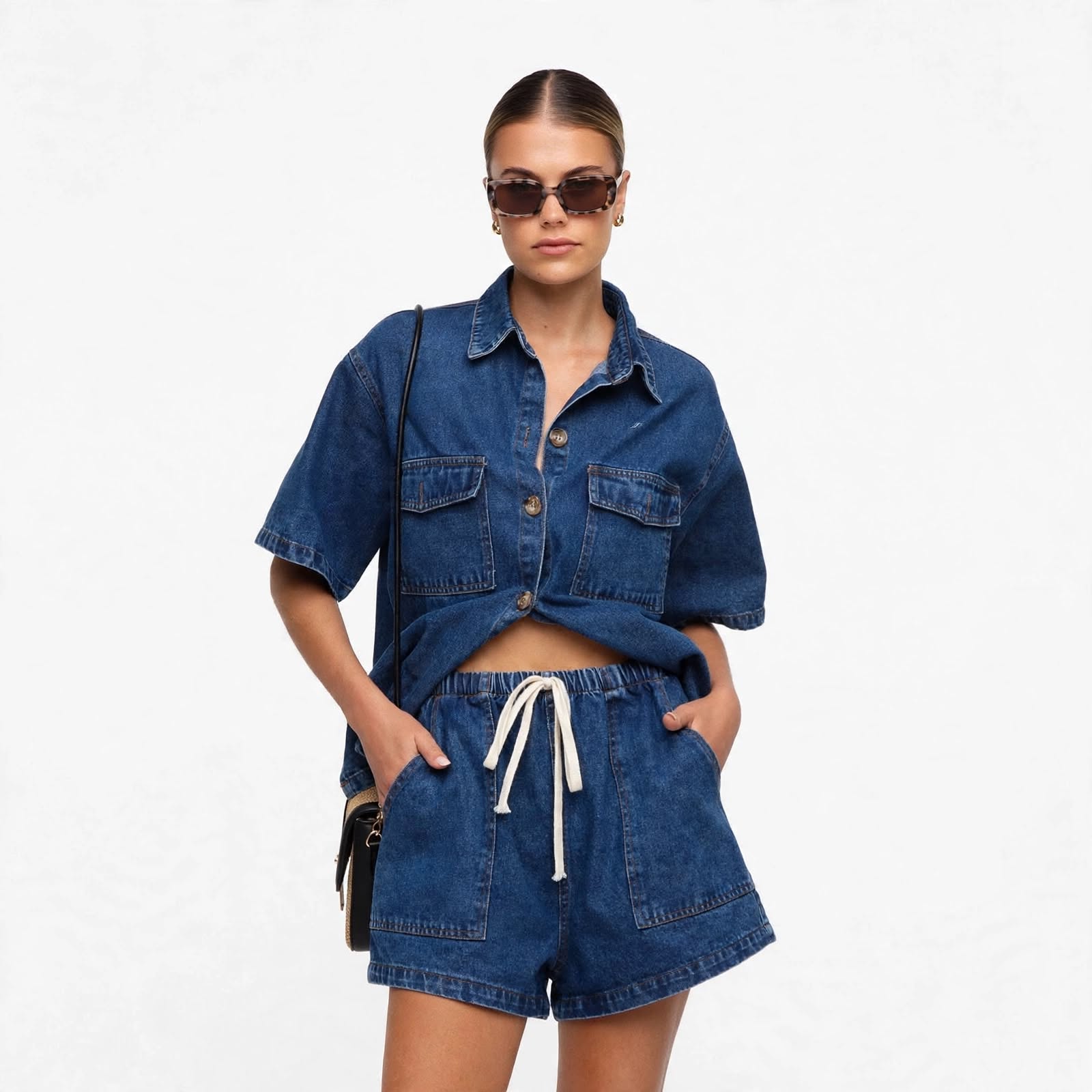 Carolina Salcombe | Denim Shirt & Drawstring Shorts Set For Women