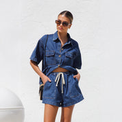 Carolina Salcombe | Denim Shirt & Drawstring Shorts Set For Women