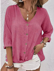 Raissa Loxstone | V-Neck Button Front Linen-Look Blouse For Women