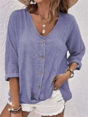 Raissa Loxstone | V-Neck Button Front Linen-Look Blouse For Women