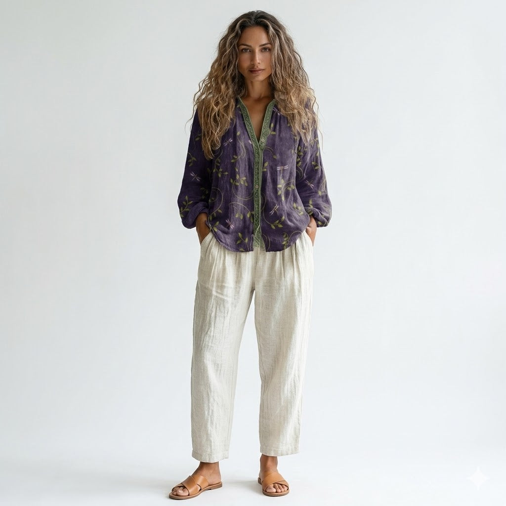 Élise Laurent | Botanical Linen Blouse with Artistic Print For Women