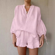 Ornella Hartworth | Tie Neck Top & Ruffle Shorts Summer Set For Women