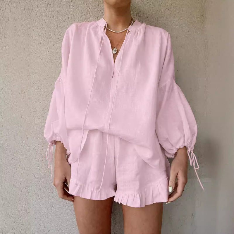Ornella Hartworth | Tie Neck Top & Ruffle Shorts Summer Set For Women