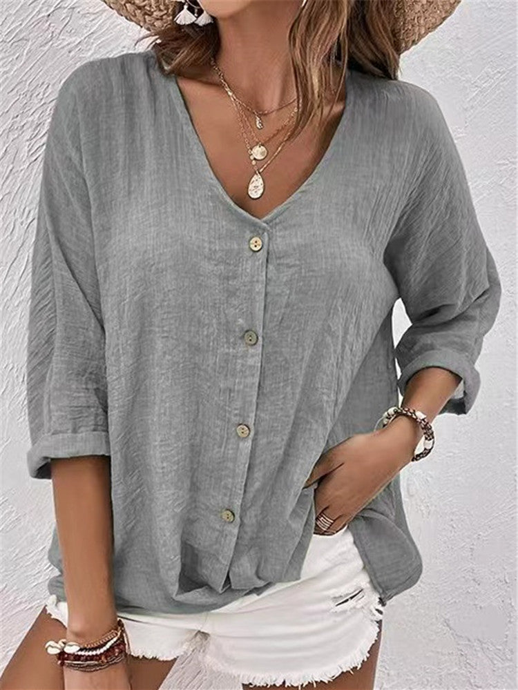 Raissa Loxstone | V-Neck Button Front Linen-Look Blouse For Women