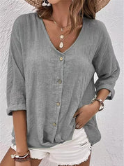 Raissa Loxstone | V-Neck Button Front Linen-Look Blouse For Women