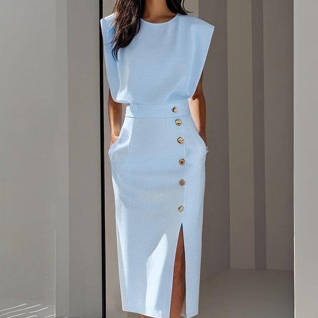 Rita Estton | Button Slit Sleeveless Midi Dress For Women