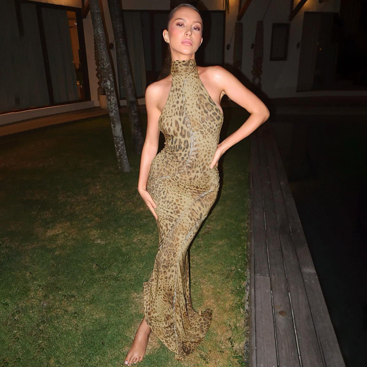 Poppy Sinclair | Leopard Print Halter Maxi Dress For Women