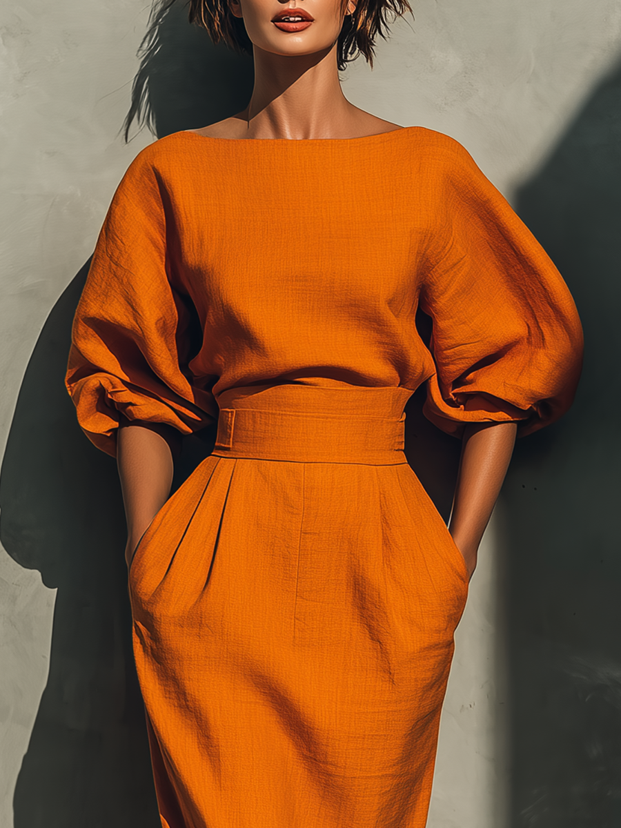 Ivy Marsh | Puff Sleeve Top And Midi Skirt Set For Women
