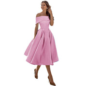 Phoebe Walker | Off-Shoulder Tea Length Satin Dress For Women