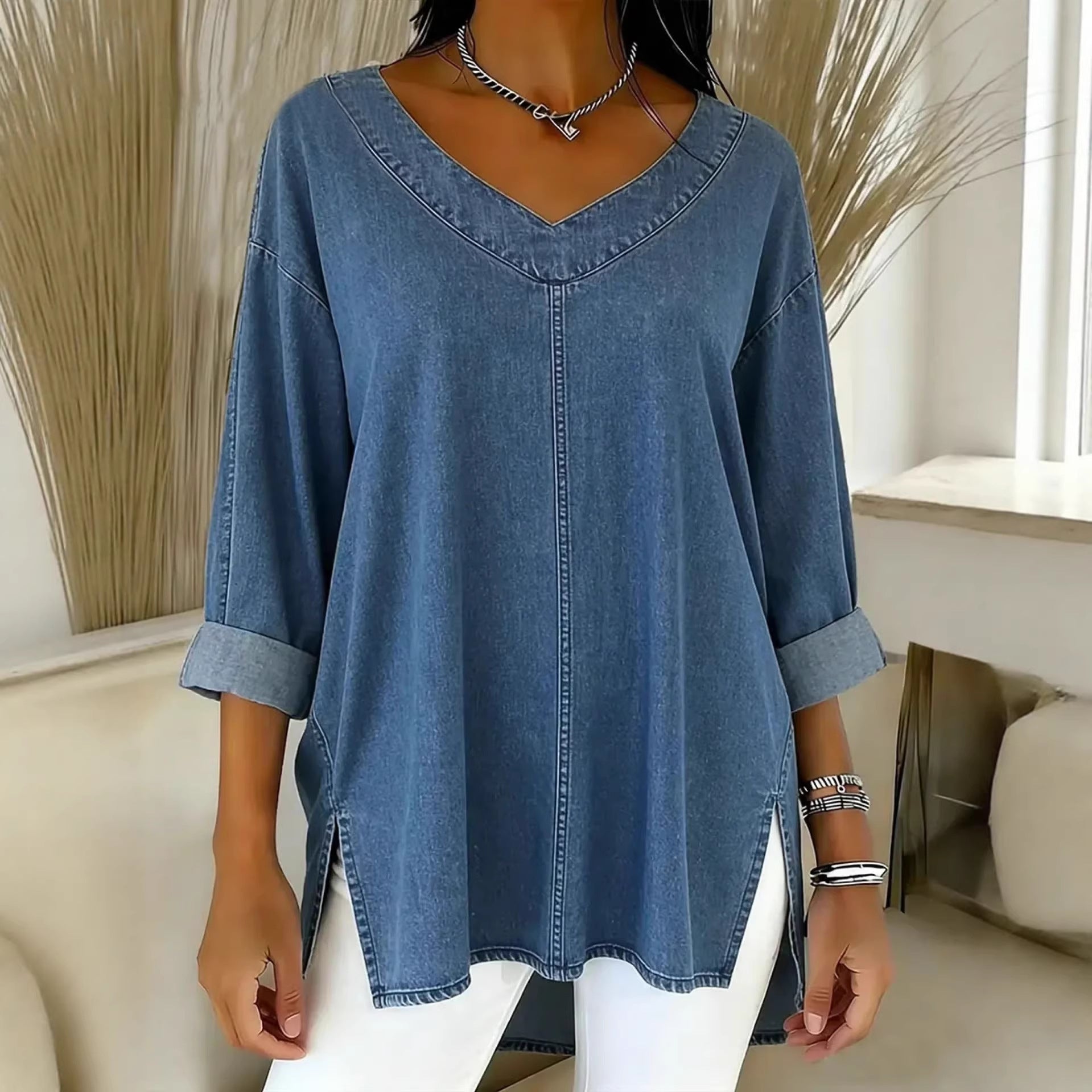 Clarissa Dunmore | Relaxed Denim V-Neck Top For Women