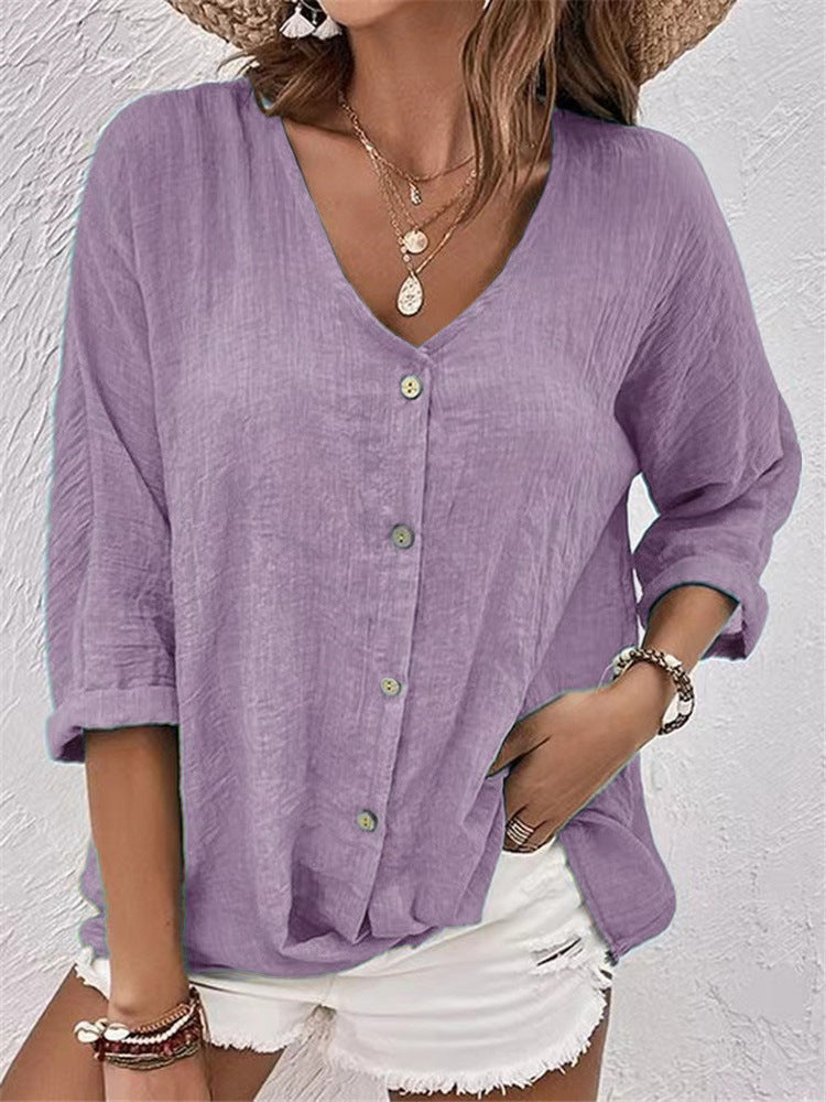 Raissa Loxstone | V-Neck Button Front Linen-Look Blouse For Women