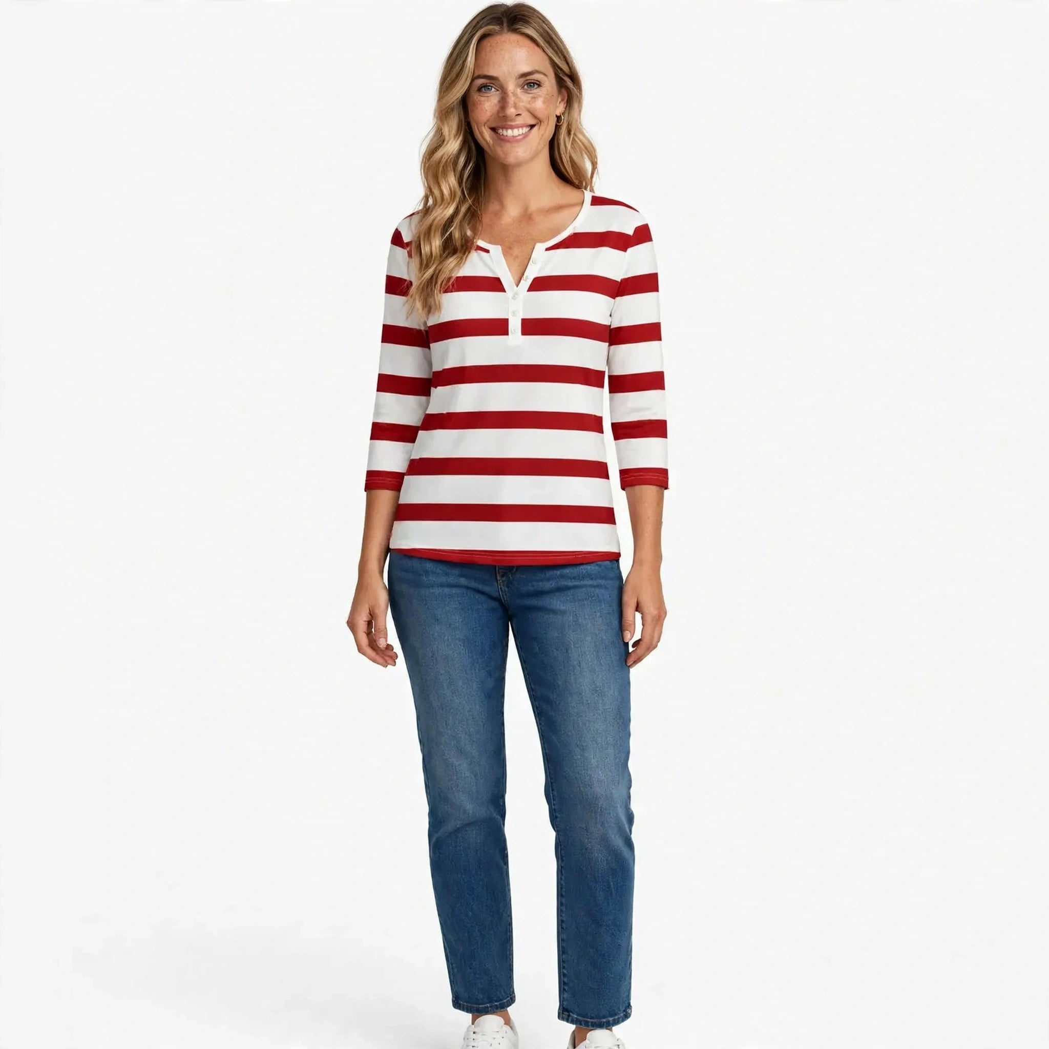 Ruby Sanders | Striped V-Neck Top With ¾ Sleeves For Women