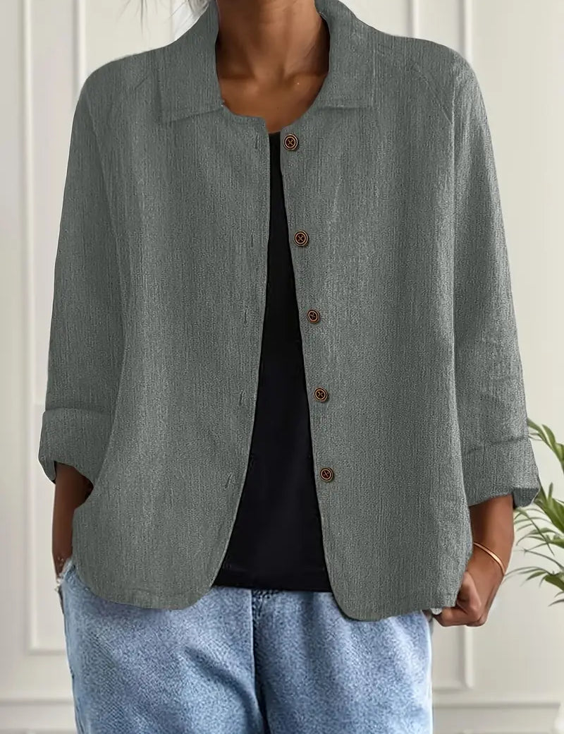 Amélie Rousseau | Sky Breeze Button Linen Jacket with Relaxed Elegance For Women